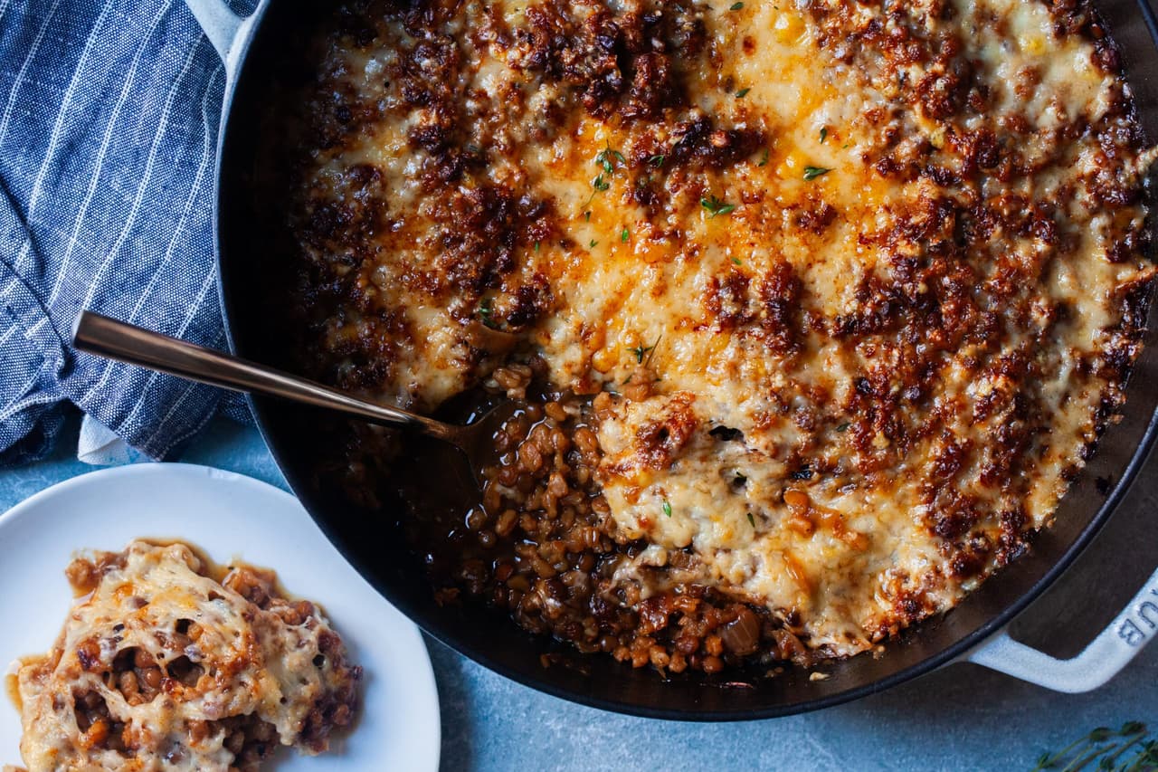 French Onion Baked Lentils and Farro Punchfork