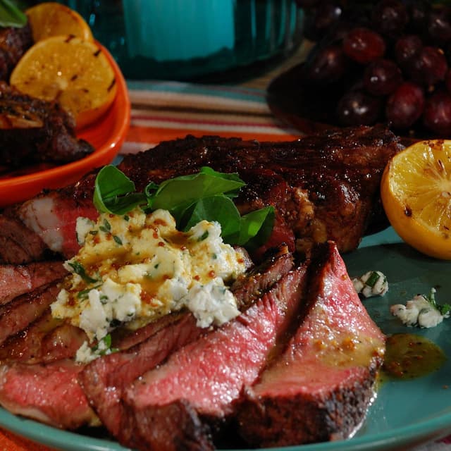 Rib Eyes with Goat Cheese, Meyer LemonHoney Mustard and Watercress Punchfork