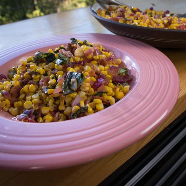 Charred Corn with Bacon Lardons and Red Onion Punchfork