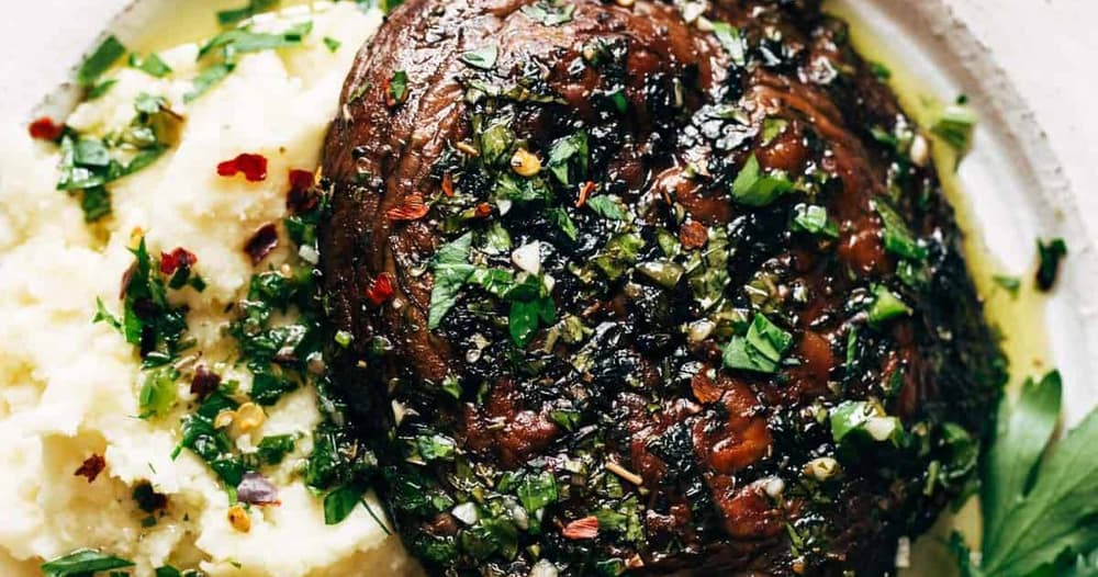 Grilled Chimichurri Portobellos with Goat Cheese Mashed Potatoes
