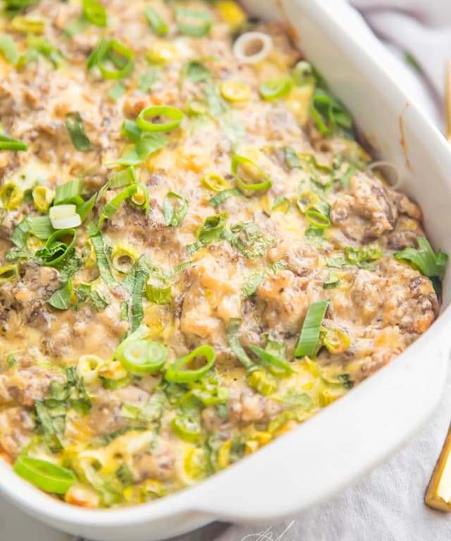 Hashbrown Breakfast Casserole with Eggs and Sausage (Whole30, Dairy