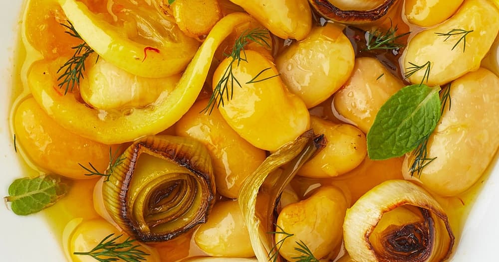 Bean Confit with Lemon, Saffron, and All the Alliums Punchfork