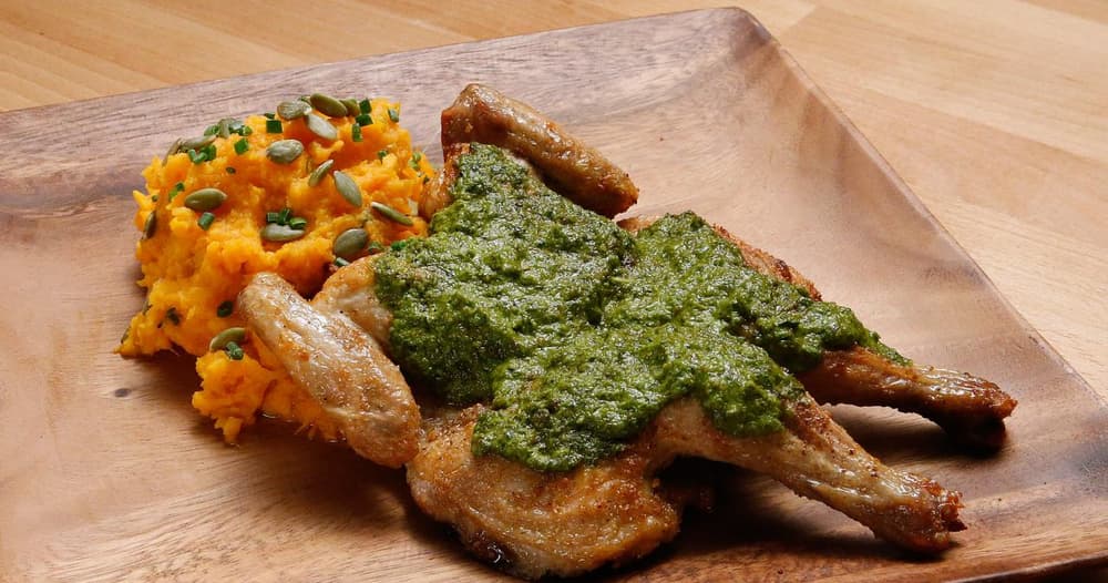 Spatchcocked and Roasted Cornish Game Hen with Green Mojo and Mashed