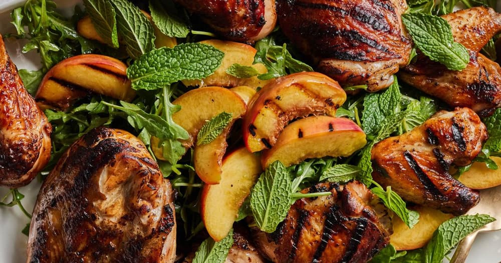 Sweet Tea Brined Chicken with Peaches, Mint and Arugula | Punchfork