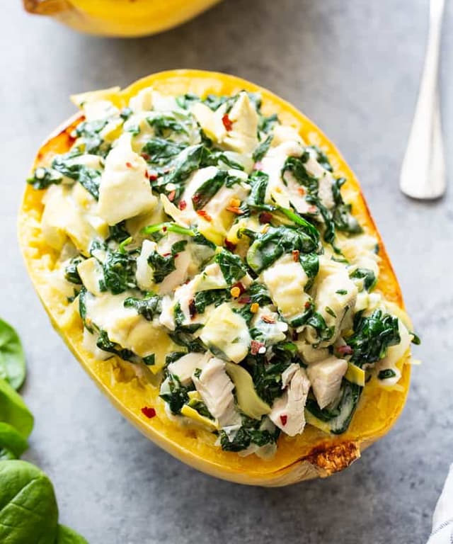 Chicken Spinach Artichoke Spaghetti Squash (Paleo, Whole30, Keto