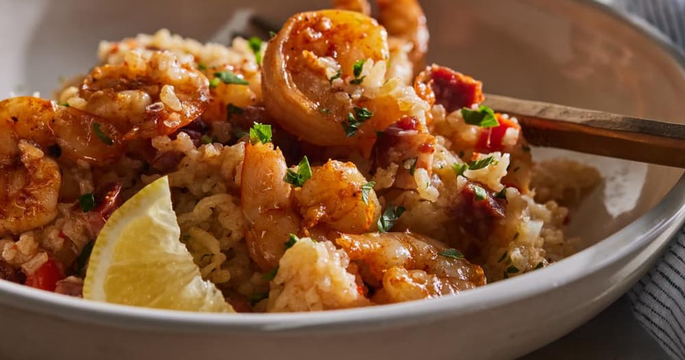 Healthy rice cooker garlic shrimp with chorizo punchfork