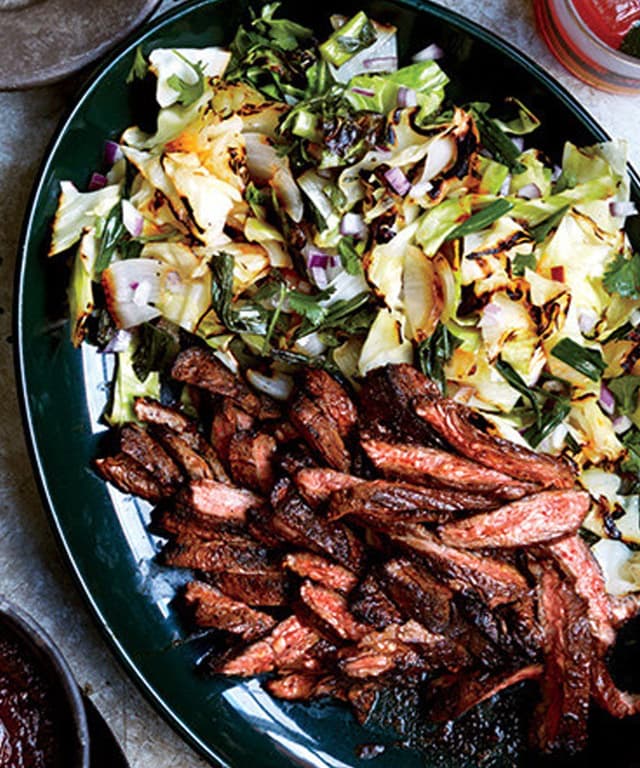Skirt Steak Fajitas with Grilled Cabbage and Scallions Punchfork