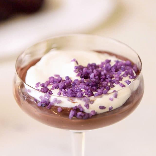 Chocolate Rum Pudding with Candied Violets | Punchfork