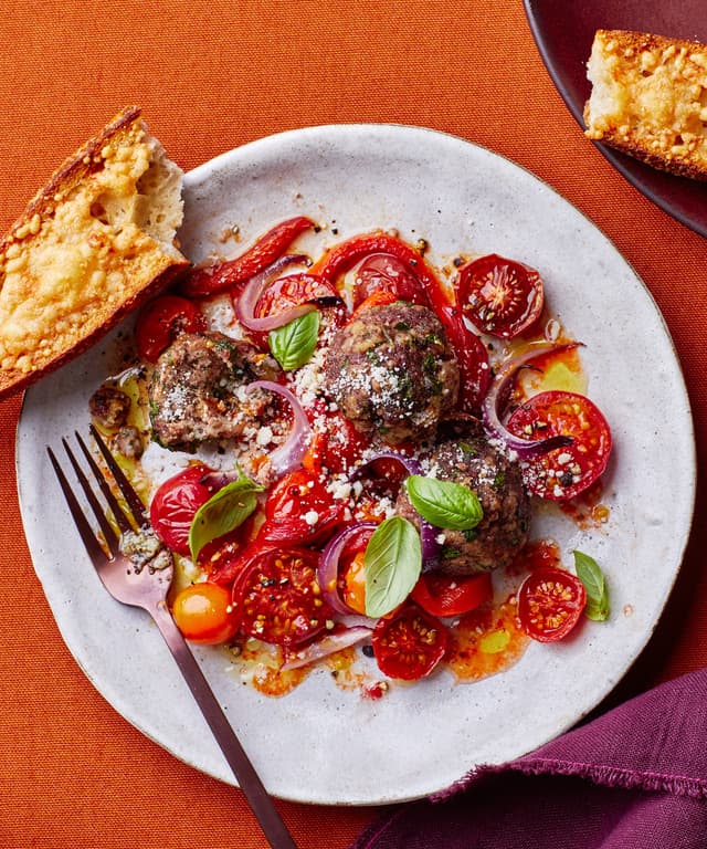 SheetPan Meatballs with Burst Tomatoes and Parmesan Toast Punchfork