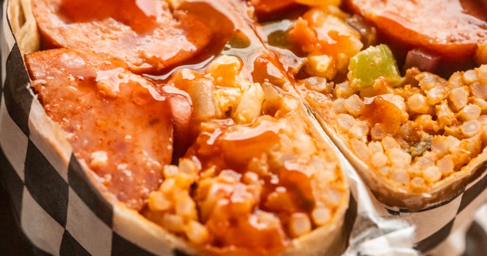 Mardi Gras Breakfast Burritos with Zatarain’s Andouille Sausage Punchfork