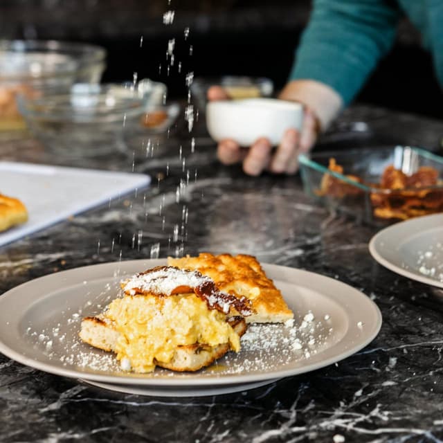 Scrambled Eggs with Prosciutto and Focaccia Punchfork
