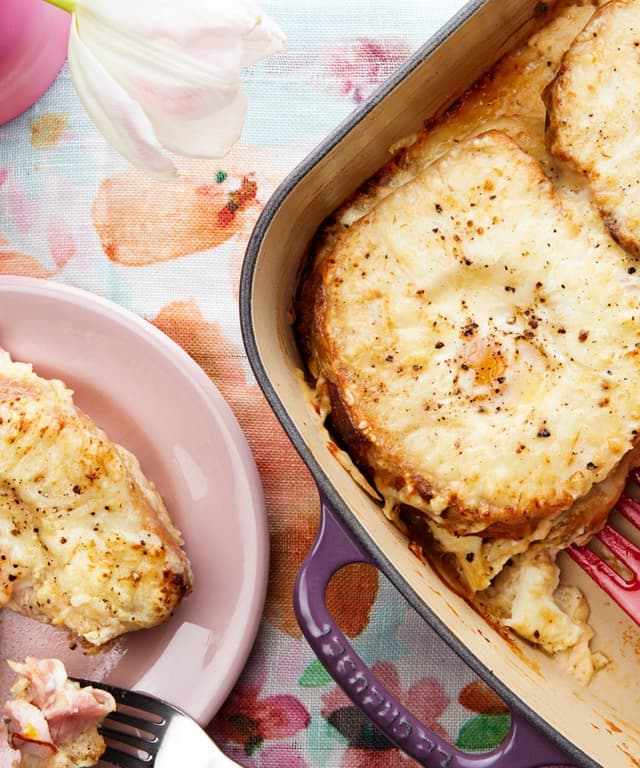 Croque Madame Breakfast Casserole with Ham and Gruyère Punchfork