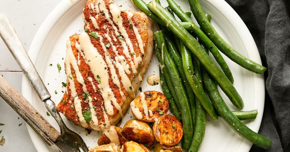 OnePan Honey Mustard Pork Chops and Veggies Punchfork