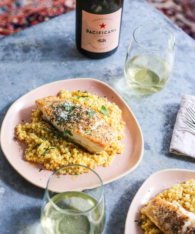 Couscous Milanese with Seared Halibut Punchfork