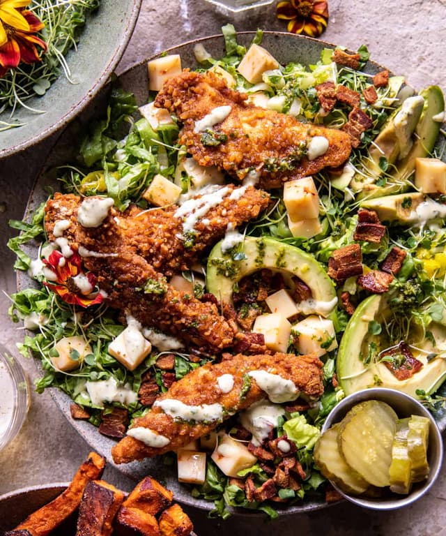 Black Pepper Pretzel Chicken and Avocado Bacon Salad Punchfork