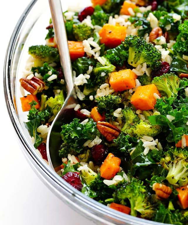 Autumn Kale Salad with Sweet Potatoes, Broccoli and Brown Rice Punchfork