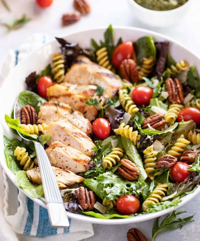 Grilled Tarragon Chicken with Pasta, Pecans and Spring Greens Punchfork