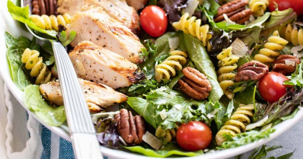 Grilled Tarragon Chicken with Pasta, Pecans and Spring Greens Punchfork