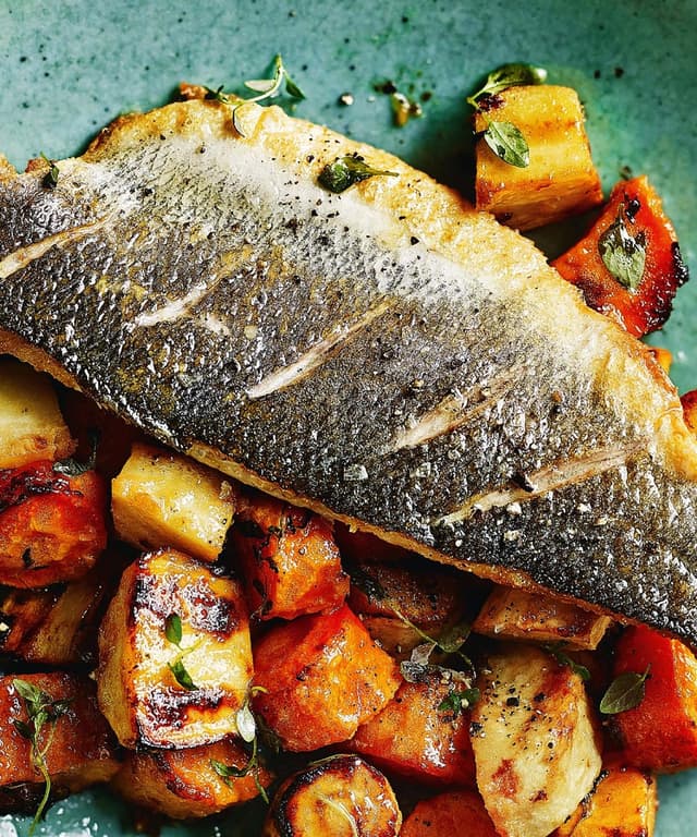 PanFried Sea Bass with Miso, Lemon, and ThymeGlazed Roasted Vegetables Punchfork