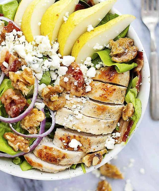 Grilled Chicken, Bacon, and Pear Salad with Poppy Seed Dressing Punchfork