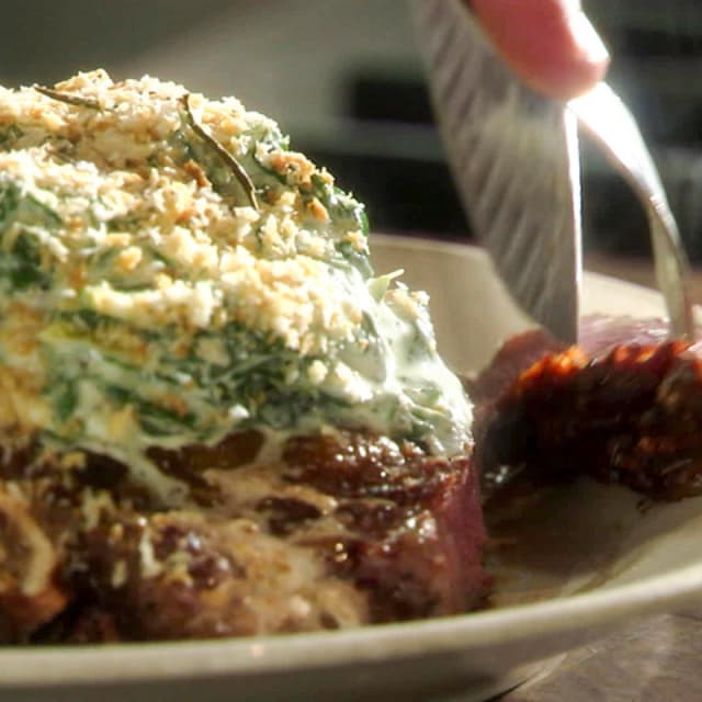 Chard Rib Eye Pan Roasted Cowboy Ribeye with Creamed Swiss Chard | Punchfork