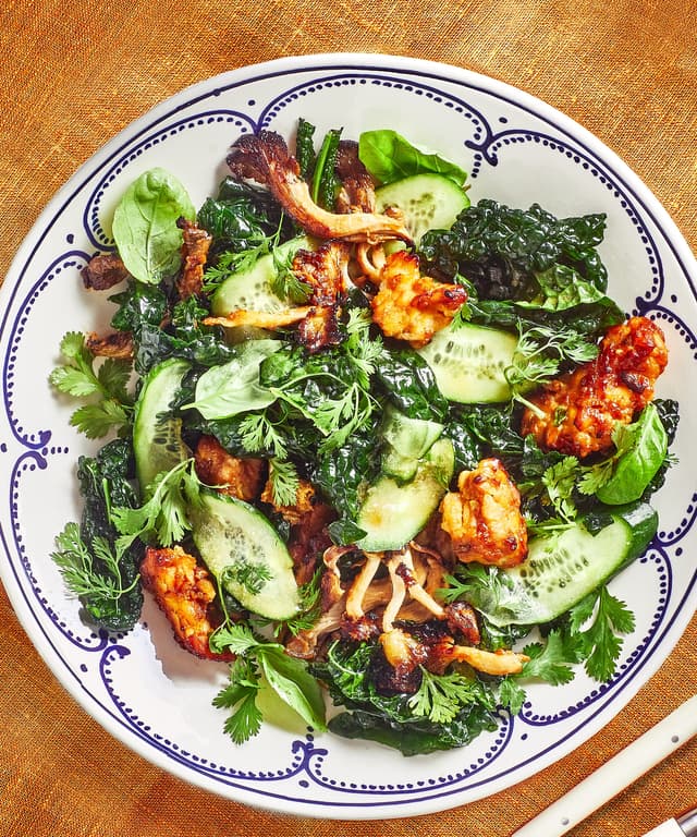 Kale Salad with Roasted Tempeh and Mushrooms Punchfork