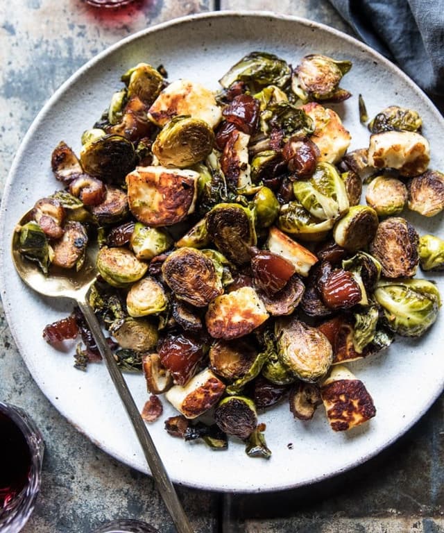 Pan Roasted Brussels Sprouts with Bacon, Dates, and Halloumi Punchfork
