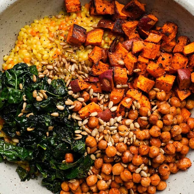 Sweet Potato and Kale Couscous with Spicy Basil Tahini Punchfork