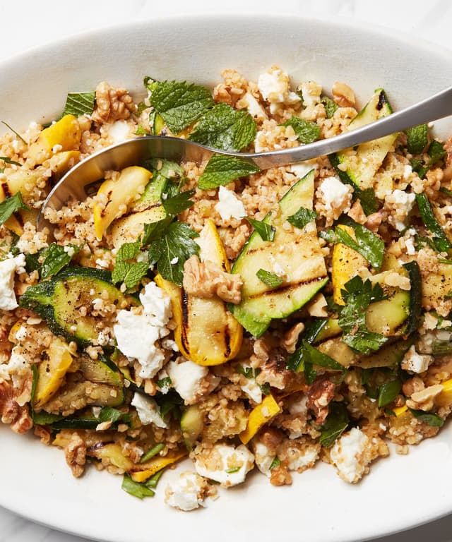 Grilled Zucchini and Bulgur Salad with Feta and PreservedLemon