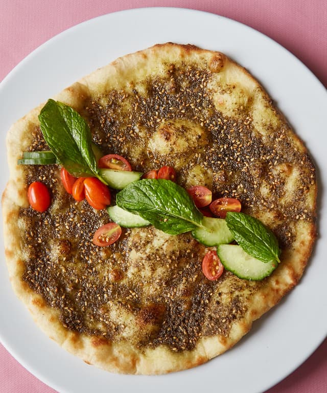 Man'oushe with Za'atar Oil, Tomatoes, and Cucumber Punchfork