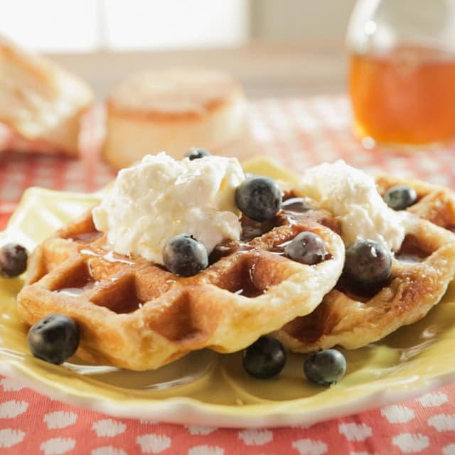 Biscuit Waffles Raspi Biscuit Waffles with Lemon Cream, Lemon Syrup and Blueberries | Punchfork