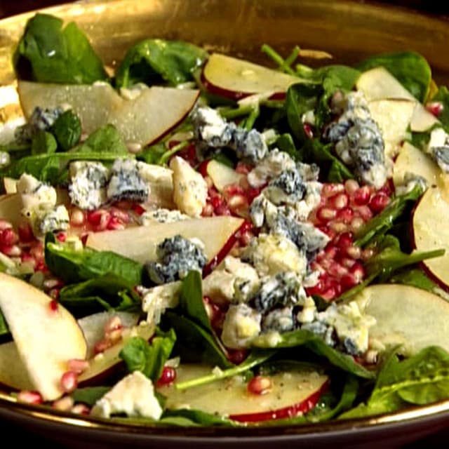 sachin and babi light blue dress Pear and Pistachio Salad with Champagne Vinaigrette