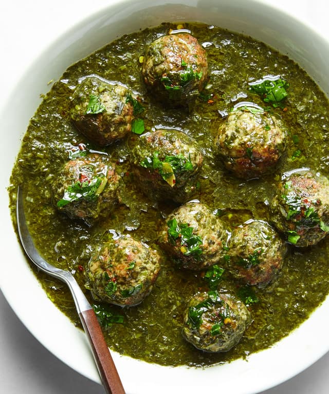 Chicken Meatballs with Molokhieh, Garlic, and Cilantro Punchfork