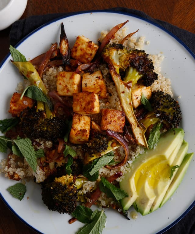 HarissaRoasted Broccoli, Tofu, and Quinoa Bowl Punchfork