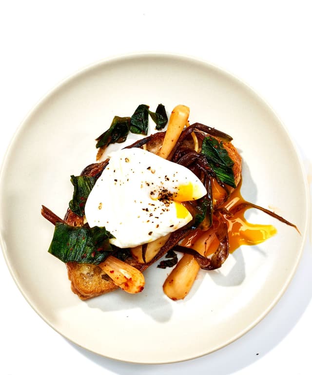 Toast with Ramp Kimchi and Poached Eggs Punchfork