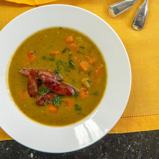 Split Pea Soup with Crispy Kielbasa Punchfork