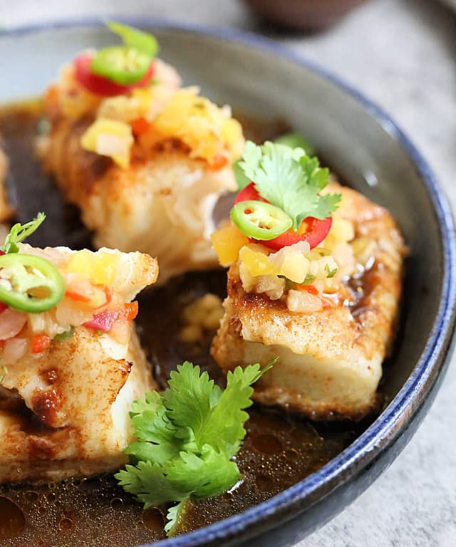 Chilean Sea Bass with SoyOrange Marinade and Mango Pineapple Salsa