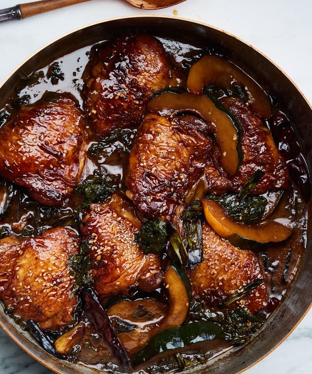 Braised Chicken Thighs with Squash and Mustard Greens Punchfork