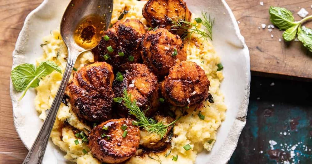 Honey Butter Blackened Scallops with Herby Polenta