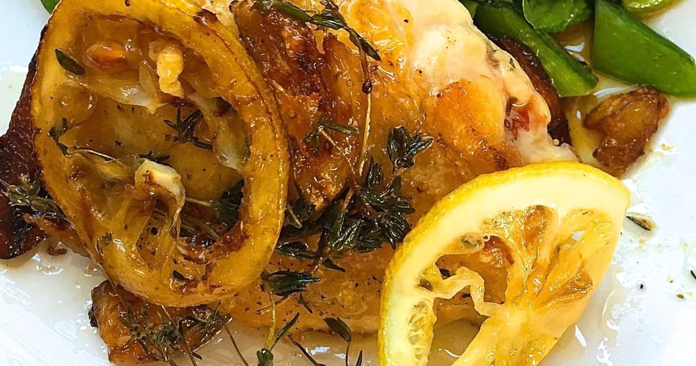 Lemon Garlic PanRoasted Chicken Thighs with Spinach and Snap Peas