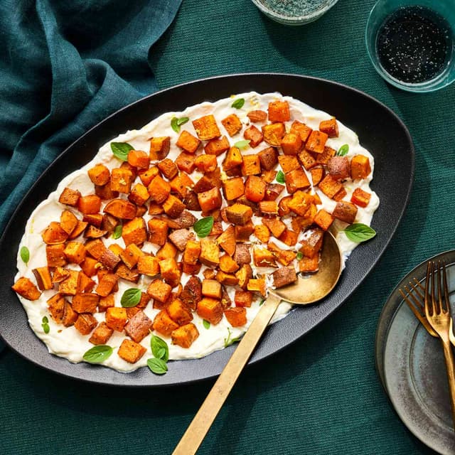 SpiceRoasted Sweet Potatoes Over Garlicky Yogurt Punchfork