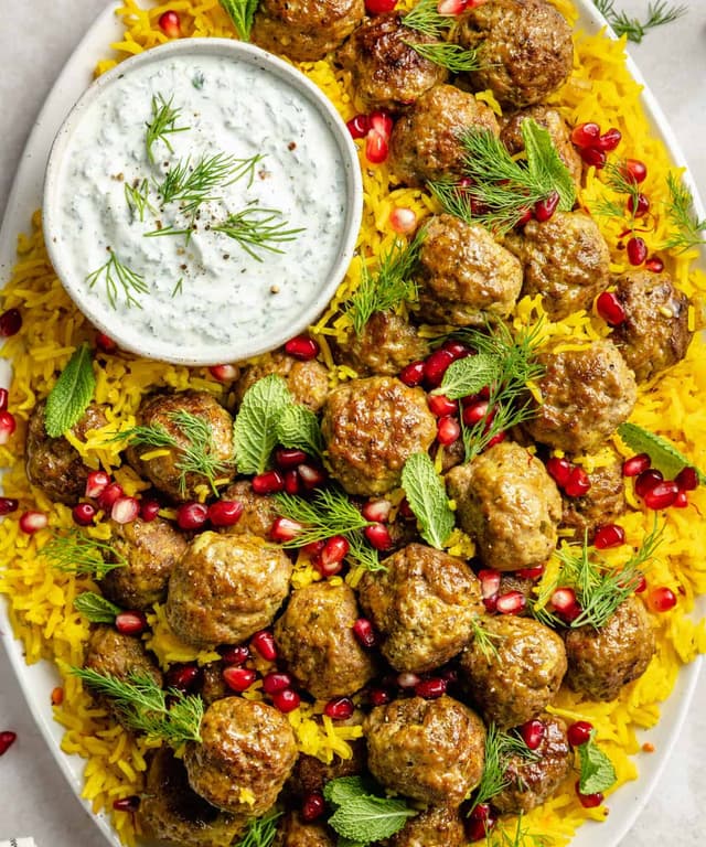 OnePan Lamb Meatballs and Saffron Rice with HerbyYogurt Sauce Punchfork