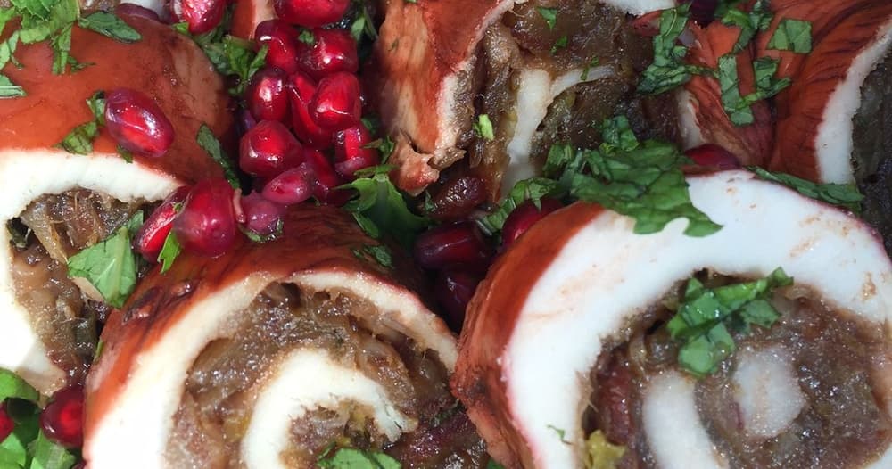 Leek and Date-Filled Chicken Roulade with Pomegranate Glaze | Punchfork