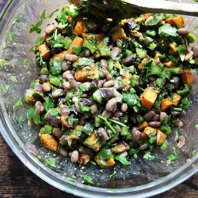 Roasted Sweet Potato and Black Bean Salad with Chile Dressing | Punchfork