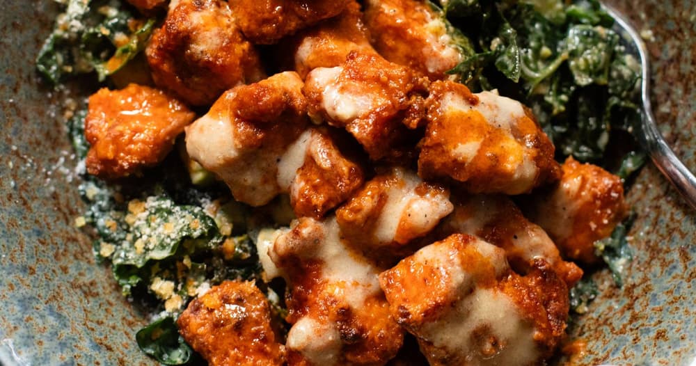 Crispy Buffalo Tofu with Caesar Salad
