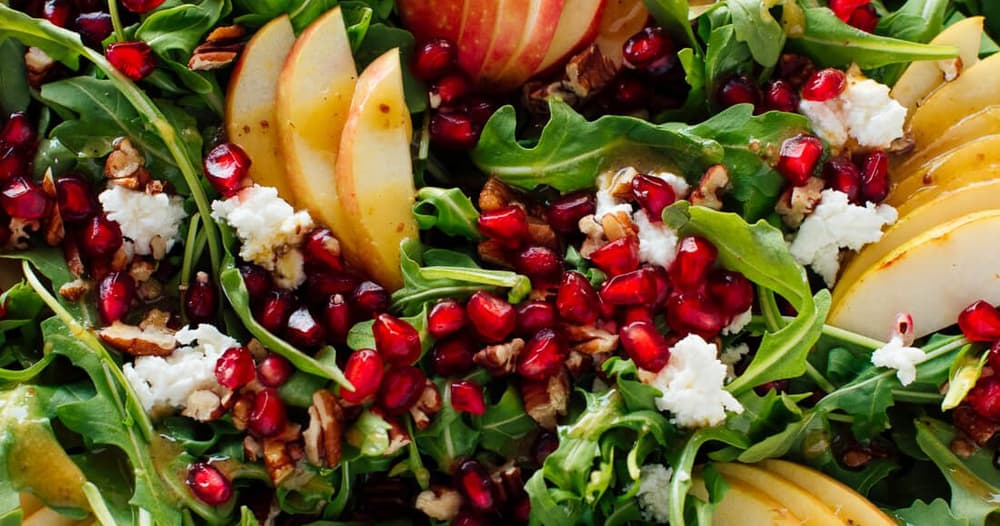 pomegranate & pear green salad with ginger dressing Pomegranate, Pear & Apple Salad with Ginger Dressing
