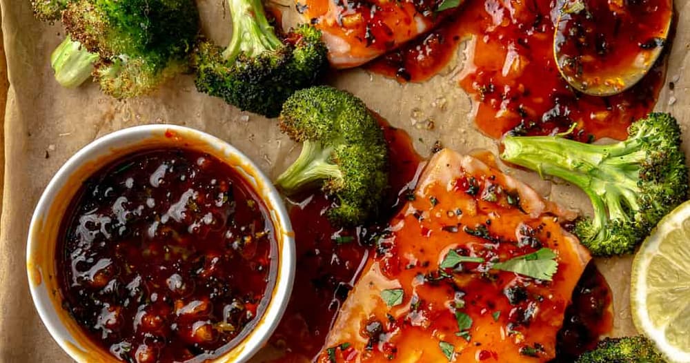 Sheet Pan Salmon + Broccoli with Harissa-Honey-Butter Drizzle