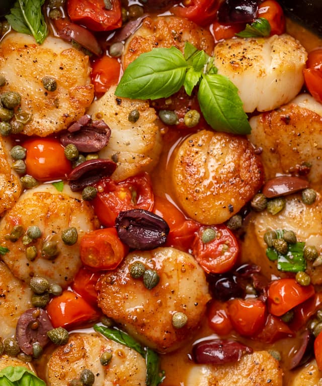 Pan Seared Scallops with Tomatoes, Olives, and Capers