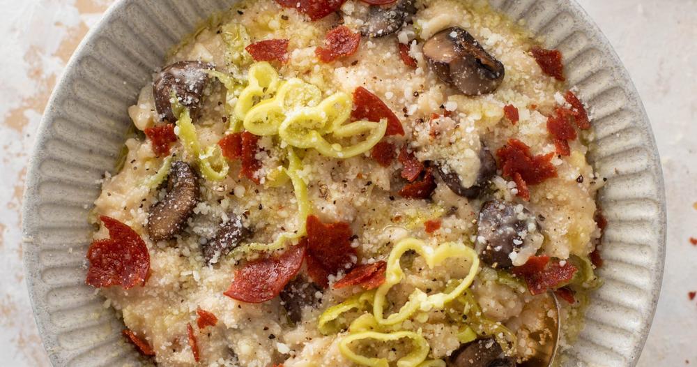 Superbra Risotto Pizza Supreme Risotto with Crispy Pepperoni | Punchfork