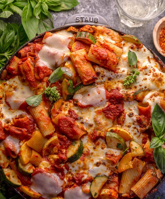 Baked Rigatoni Fra Diavolo with Sausage and Zucchini
